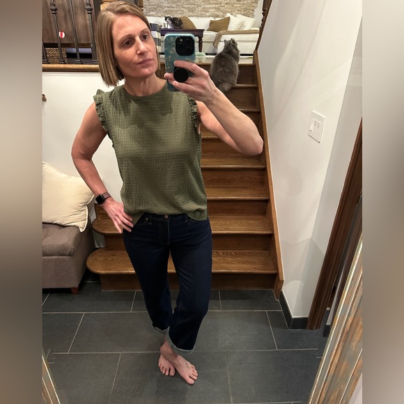 LOFT Textured Ruffle Sleeve Top in Olive - Picture 2 of 8